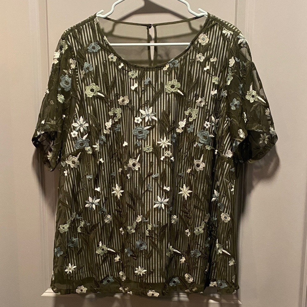 Plus Size Embroidered Sheer Blouse 1X Olive Floral Mesh Top Boho Romantic Layer
